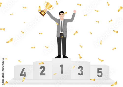 Businessman Holding Trophy on Sport Podium. Goal Achievement and Business Success Concept. Vector Illustration.