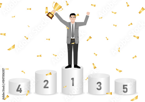 Businessman Holding Trophy on Sport Podium. Goal Achievement and Business Success Concept. Vector Illustration.