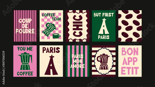 Contemporary French posters with cafe motifs, minimal food icons, charming text and popular illustrated style.