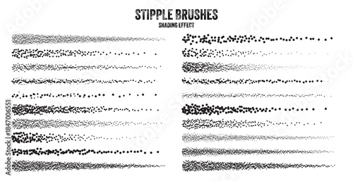 Ink scatter brush, stipple drawing and texturing. Fading gradient. Stippling, dotwork drawing, shading using dots. Halftone disintegration effect. White noise grainy texture. Vector illustration