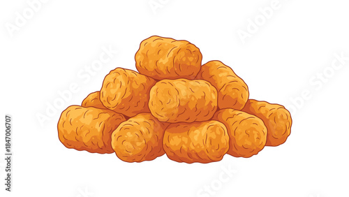 A delightful pile of golden brown, crispy tater tots is presented against a clean white background, perfect for food illustrations.