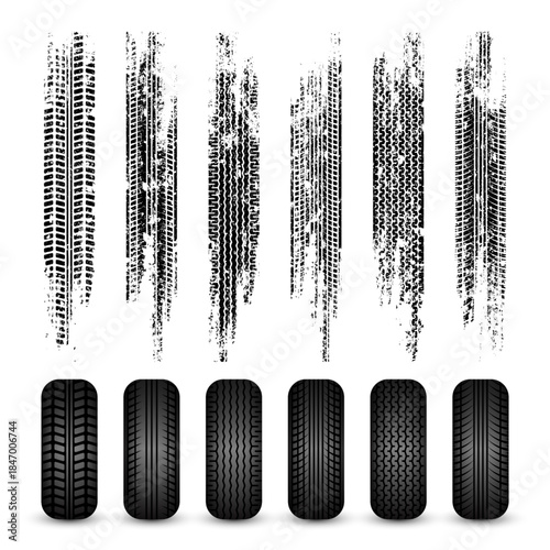 Grunge tire tracks, rubber wheels, and braking marks. Truck, car, or motorcycle tread pattern silhouettes. Perfect for auto racing, motorsport, and speed-related designs. Vector illustration