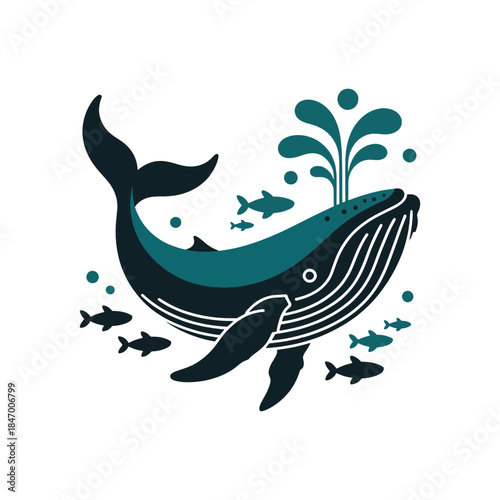 A large whale with a water spout and several small fish swimming around it on a white background whales