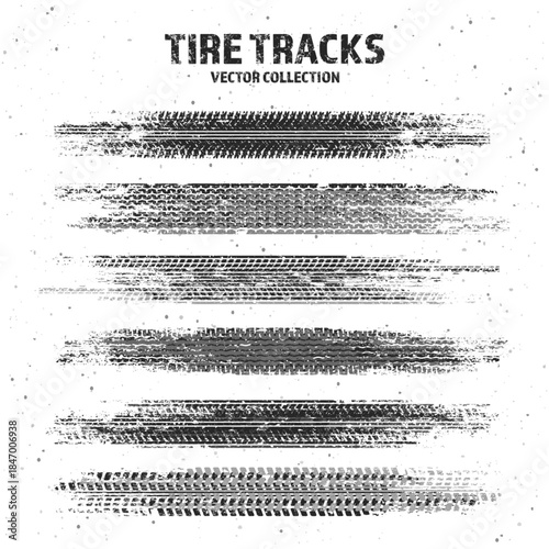 Grunge tire tracks with mud splatters, dirty wheel braking marks. Truck, car, or motorcycle tread pattern silhouettes. Perfect for off-road, motorsport, and racing designs. Vector illustration