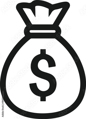 A simple black outline icon of a money bag with a dollar sign representing wealth and finance