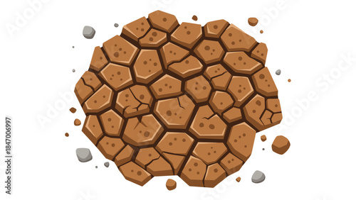 Cracked earth texture represents drought, arid landscapes, and environmental concerns with a polygonal pattern.