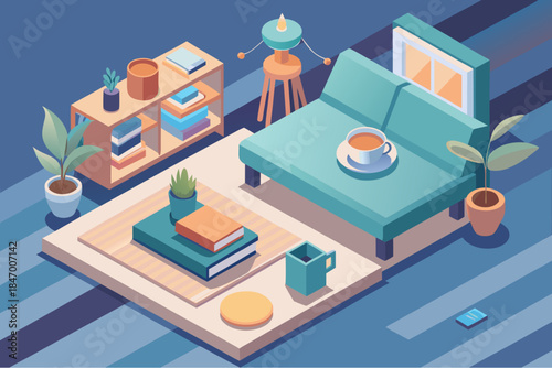 Cozy isometric interior with sofa, books, tea and houseplants in a stylish reading corner