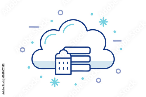 Flat line illustration of cloud storage and data server with winter-themed decorative elements