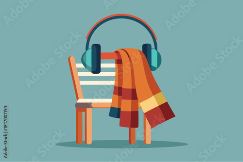 Flat illustration of a wooden chair with headphones and colorful scarf hanging over the backrest