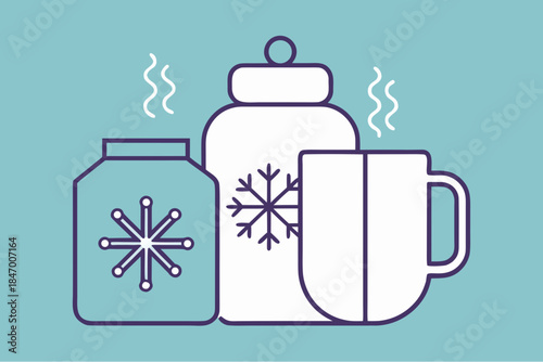 Minimalist winter illustration with hot drinks in mugs and thermoses decorated with snowflakes on blue background