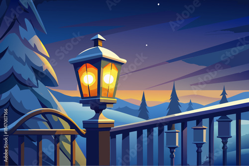 Cartoon winter evening landscape with glowing lantern, snowy hills and pine trees at sunset