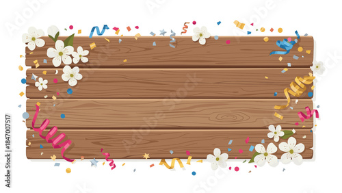 Festive wooden sign adorned with delicate white flowers and colorful confetti creates a cheerful backdrop for celebrations and announcements.