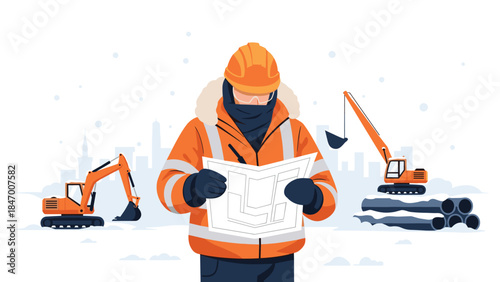 Construction worker carefully reviews blueprints at a snowy job site with heavy machinery in the background.