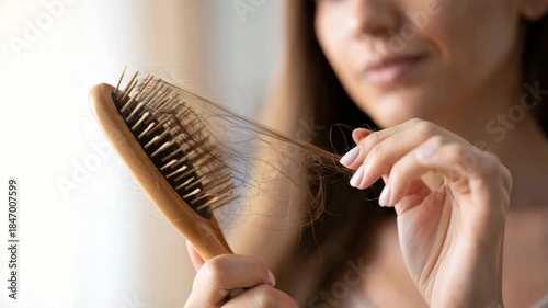Woman holding hairbrush with hair loss, female hair fall problem, hair thinning concern, breakage and shedding issues, hair care crisis, root damage, need for hair growth serum or treatment