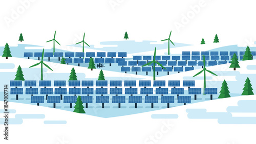 Renewable energy landscape combines solar panels and wind turbines in a snowy environment, representing sustainable power generation.