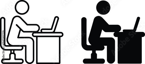 Outline and solid black icon of a person sitting at a desk and using a laptop
