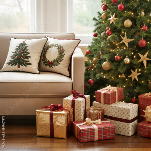 Wallpaper Mural "Decorated Christmas Tree with Assorted Wrapped Gifts Underneath by Sunny Window — Cozy Holiday Living Room Scene" Torontodigital.ca