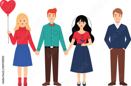 Cute Cartoon Couples and Singles Holding Hands, a Balloon, and a Rose Vector Illustration Set for Valentine's Day and Romance Designs.