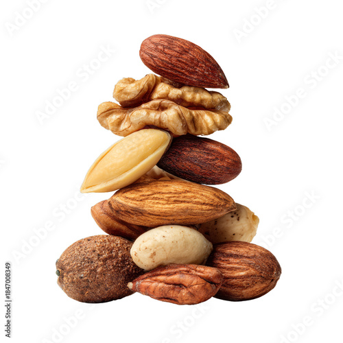 Stack of nuts and seeds for winter survival. Isolated white background. Png format