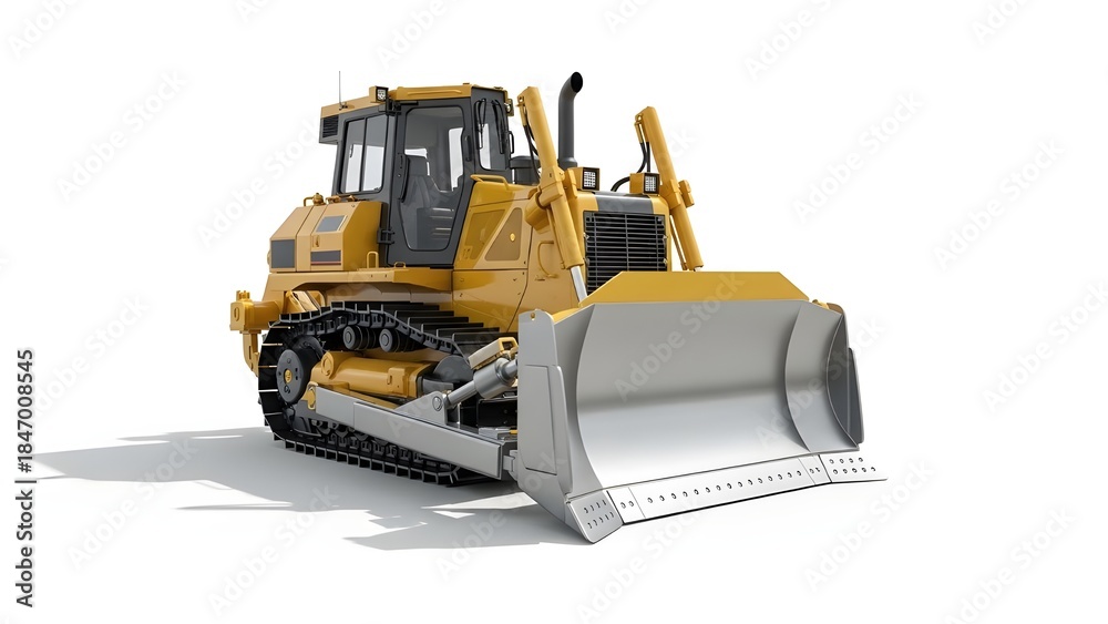 Fototapeta premium Yellow bulldozer with large metal blade on white background