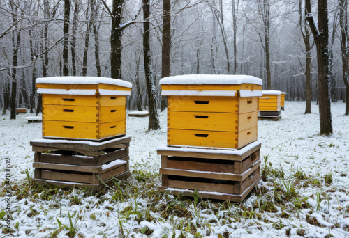 Snow-covered beehives in winter apiary, frost on wooden boxes, rural landscape
