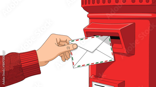Hand posting a letter into a traditional red postbox, symbolizing communication and sending mail through the postal service.