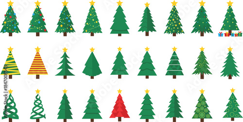 A diverse vector collection of 24 distinct Christmas tree graphics, featuring decorated, abstract, spiral, and traditional evergreen holiday icons with star toppers, perfect for seasonal design projec