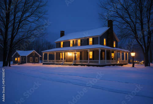 Snowy wooden house at twilight, lanterns glowing near porch