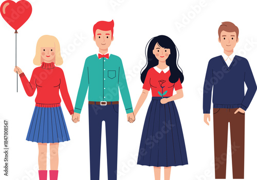 Cute Cartoon Couples and Singles Holding Hands, a Balloon, and a Rose Vector Illustration Set for Valentine's Day and Romance Designs.