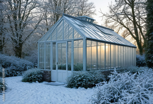 Snow-covered greenhouse, winter garden inside visible