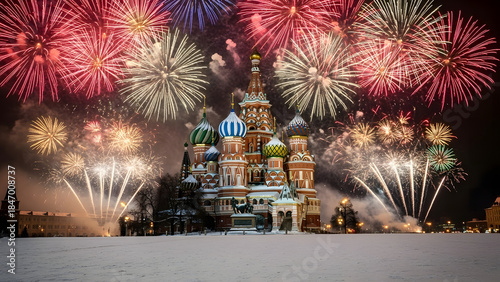 Vibrant fireworks explode over St. Basil's Cathedral in Moscow