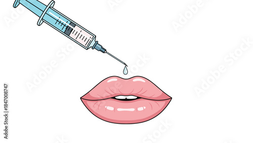 Illustration depicts a syringe poised to inject a clear liquid into plump, glossy lips, representing cosmetic lip enhancement procedures.
