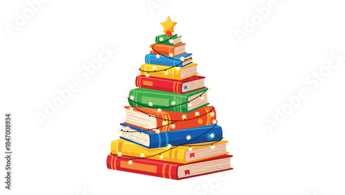Festive book stack shaped like a christmas tree with a star on top and string lights creates a cozy holiday reading atmosphere.