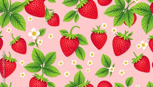 Seamless vector pattern of cute strawberries, green leaves, and blossoms on a pink background,  floral,  background