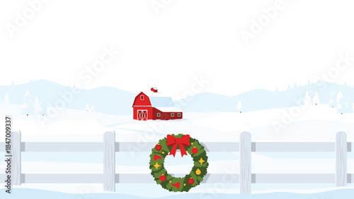 Festive winter scene depicts a classic red barn nestled in a snowy landscape with a welcoming wreath on a white fence.