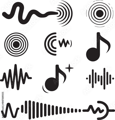 Collection of sound waves and music notes symbols