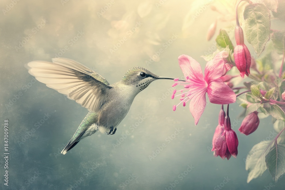 Naklejka premium Hummingbird and Fuchsia Flower