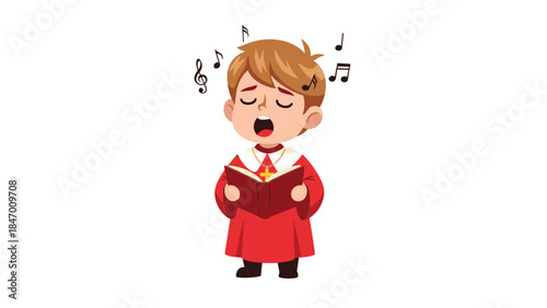 Young choirboy passionately sings from a hymnal with musical notes floating around him, showcasing religious devotion and youthful expression.
