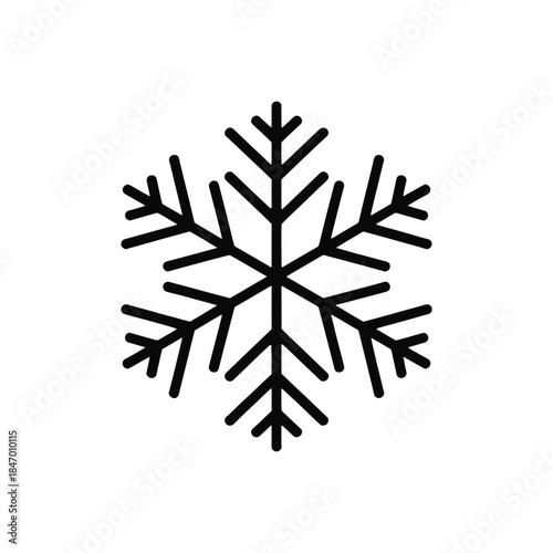Black outline icon of a six-pointed snowflake on a white background winter cold