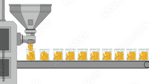 Automated gummy bear packaging line efficiently fills clear plastic bags with golden candies on a conveyor belt system.