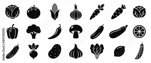 Vegetable Solid Icons Set – Black Silhouette Fresh Farm Vegetables Vector Collection