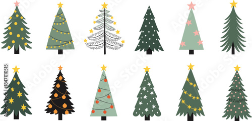Set of Ten Stylized Christmas Trees Vector Illustration with Star Toppers, Lights, and Modern Ornaments for Festive Holiday Designs.