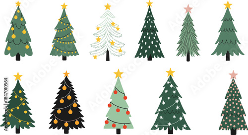 Set of Ten Stylized Christmas Trees Vector Illustration with Star Toppers, Lights, and Modern Ornaments for Festive Holiday Designs.