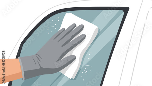 A gloved hand meticulously cleans a car window with a white cloth, ensuring a spotless and clear view for safe driving.