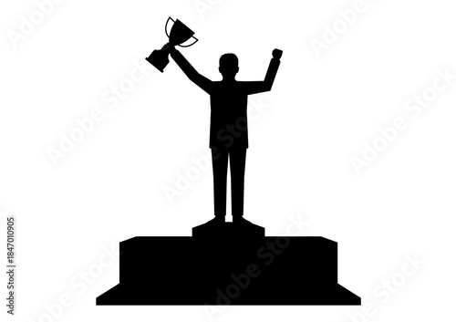 Businessman Holding Trophy on Sport Podium Silhouette. Goal Achievement and Business Success Concept. Vector Illustration.