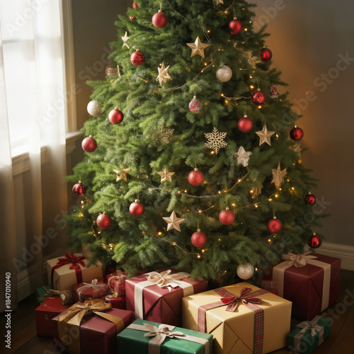 Wallpaper Mural "Decorated Christmas Tree with Assorted Wrapped Gifts Underneath by Sunny Window — Cozy Holiday Living Room Scene" Torontodigital.ca