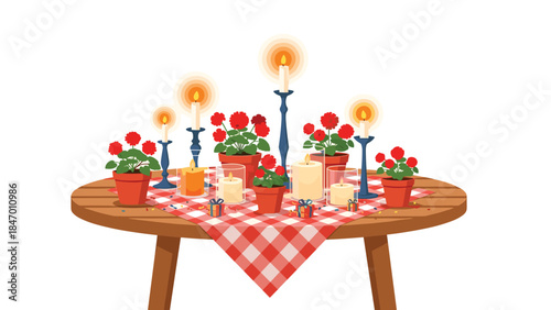 Festive table setting with lit candles, potted red flowers, and small gifts creates a warm and inviting atmosphere for a celebration.