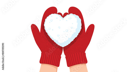 Red mittens gently cradle a freshly made heart-shaped snowball, symbolizing winter love and the joy of seasonal activities.