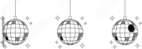 Set of three monochrome disco balls with stars and sparkle effect, party, dance, and music vector illustration