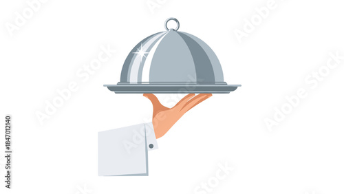 A waiter elegantly presents a covered dish on a silver platter, suggesting fine dining and attentive service in a restaurant setting.